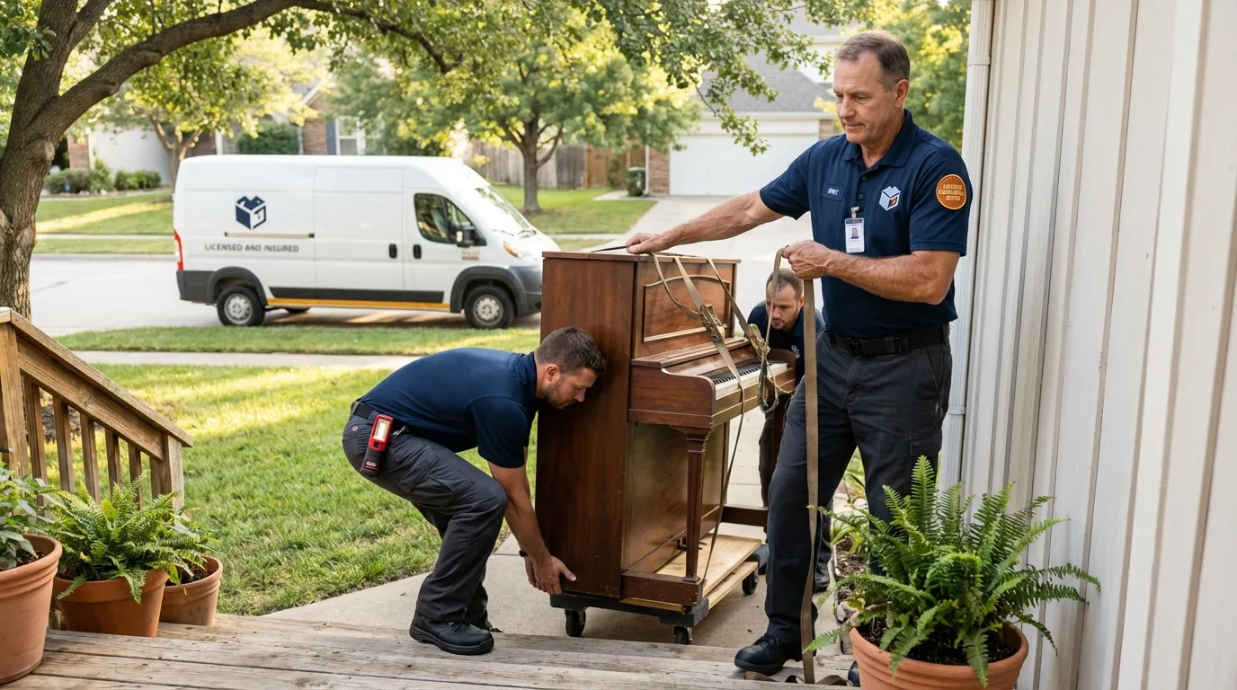 Licensed piano movers securing grand piano in Las Vegas, NM