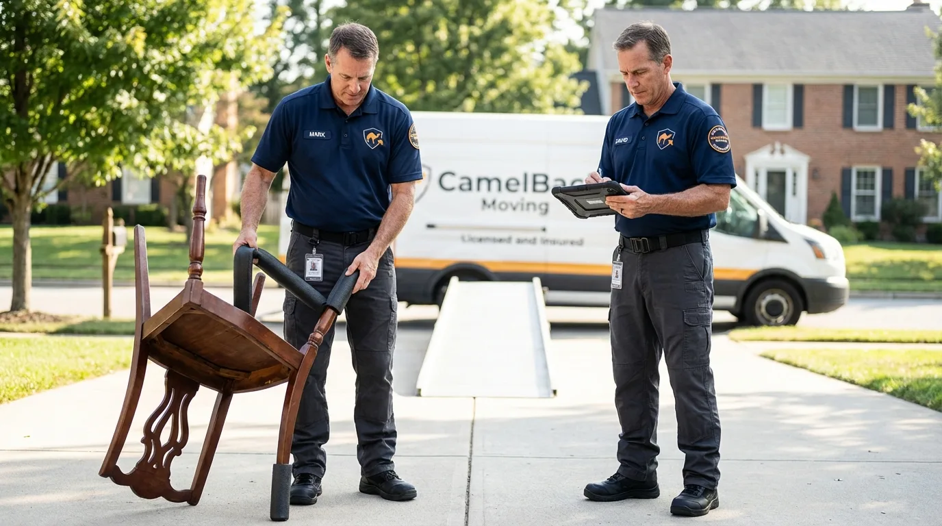 Movers inspecting furniture for damage prevention before loading in Las Vegas, NM