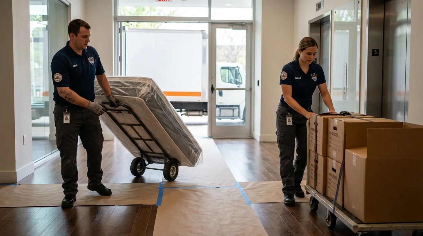 Professional apartment movers loading elevator in Las Vegas, NM