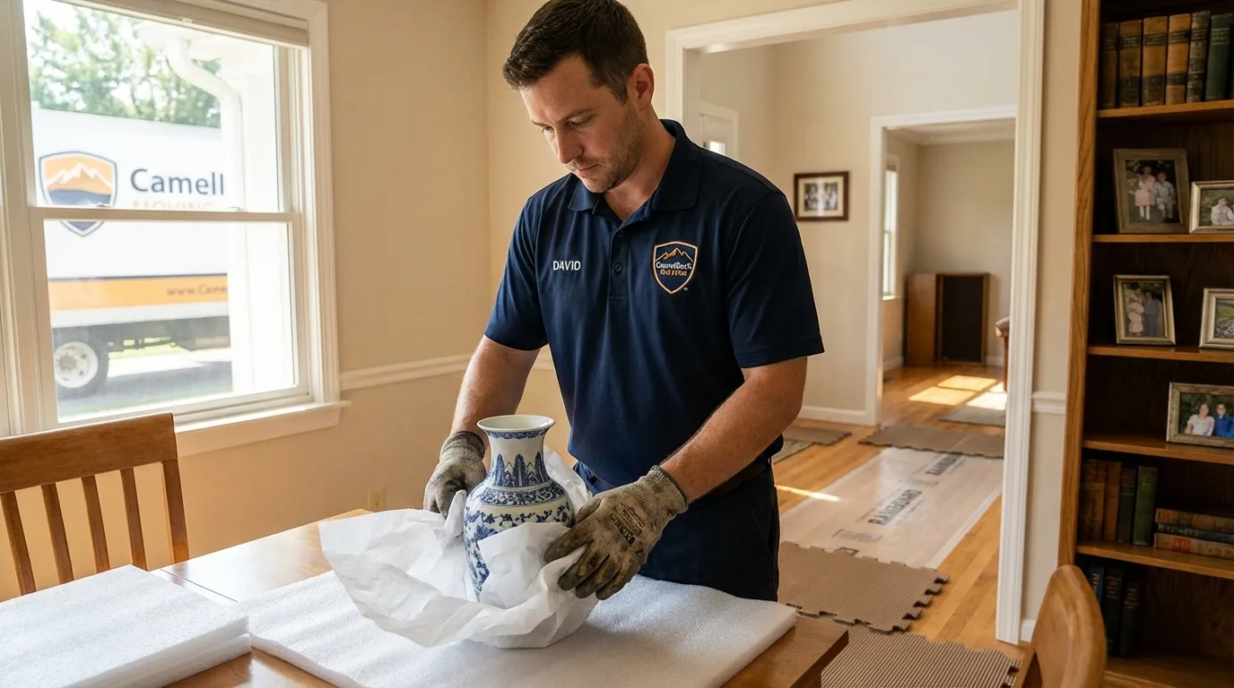 Professional crew carefully wrapping antique vase for senior downsizing move in Las Vegas, NM